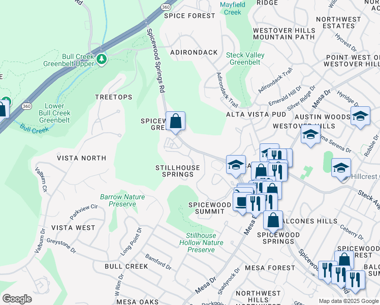 map of restaurants, bars, coffee shops, grocery stores, and more near 4701 Spicewood Springs Road in Austin
