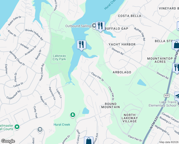 map of restaurants, bars, coffee shops, grocery stores, and more near 310 N Round Mountain Dr in Lakeway