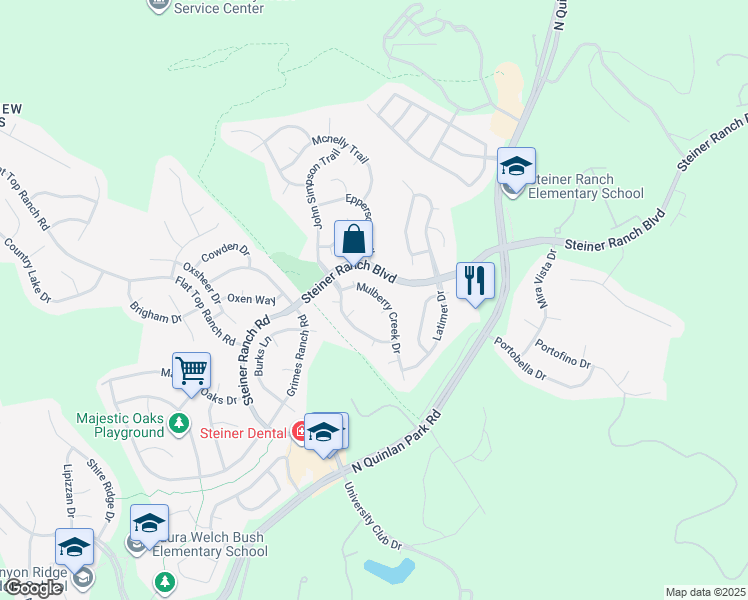 map of restaurants, bars, coffee shops, grocery stores, and more near 3444 Mulberry Creek Drive in Austin