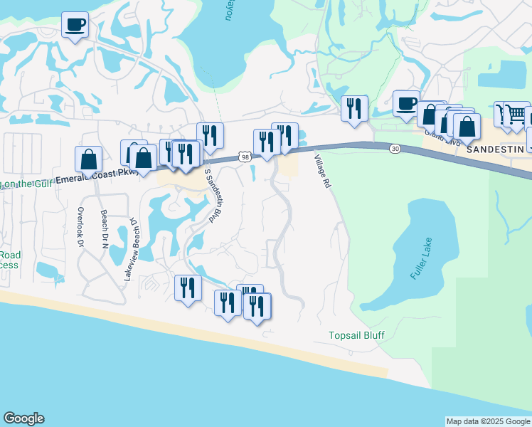 map of restaurants, bars, coffee shops, grocery stores, and more near 37 Forest Hills Lane in Miramar Beach