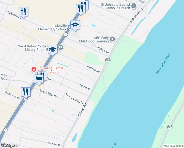 map of restaurants, bars, coffee shops, grocery stores, and more near 6644 South River Road in Brusly