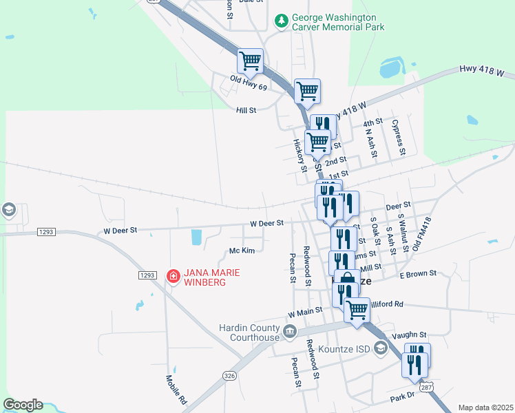 map of restaurants, bars, coffee shops, grocery stores, and more near 540 West Deer Street in Kountze