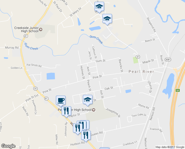 map of restaurants, bars, coffee shops, grocery stores, and more near 39088 Patricia Street in Pearl River