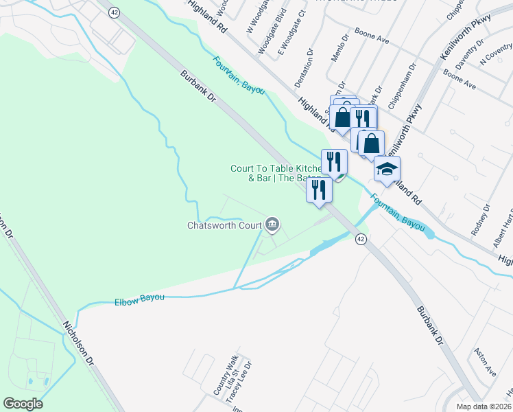 map of restaurants, bars, coffee shops, grocery stores, and more near 888 South Kenilworth Parkway in Baton Rouge