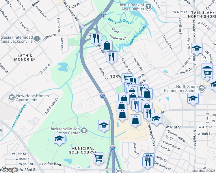 map of restaurants, bars, coffee shops, grocery stores, and more near 1003 Crestwood Street in Jacksonville