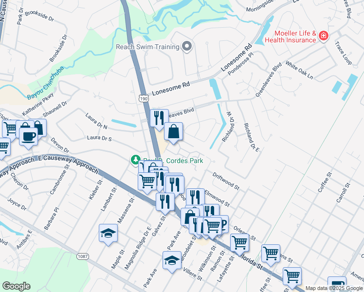 map of restaurants, bars, coffee shops, grocery stores, and more near 1895 U.S. Highway 190 in Mandeville