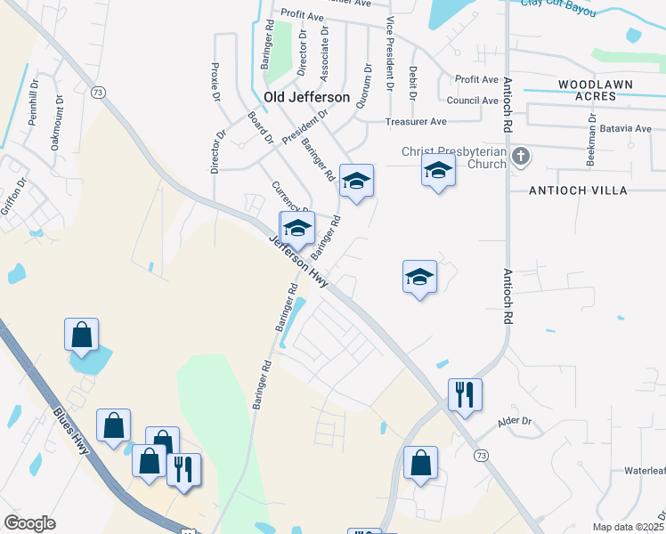 map of restaurants, bars, coffee shops, grocery stores, and more near 8012 Jefferson Park Drive in Baton Rouge