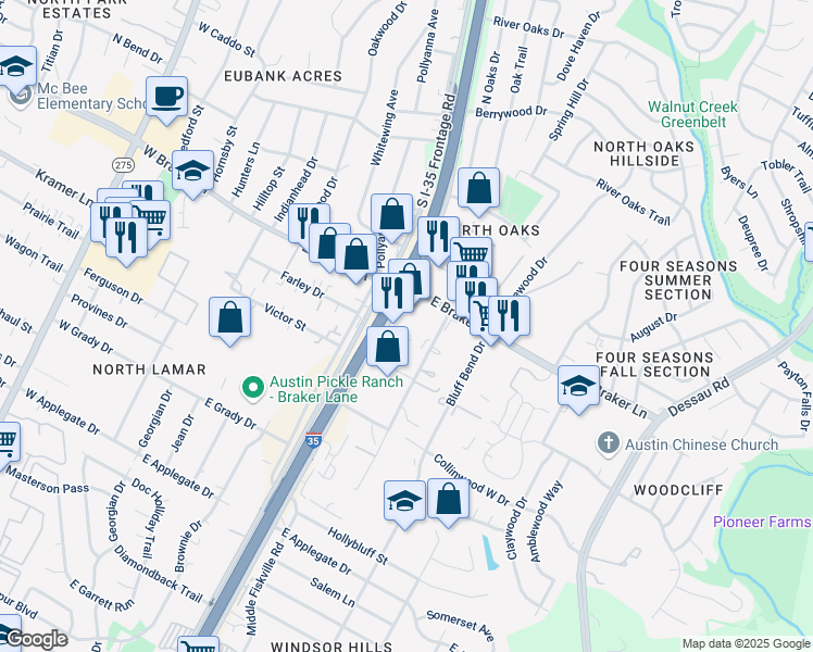 map of restaurants, bars, coffee shops, grocery stores, and more near 11206 Joseph Clayton Drive in Austin