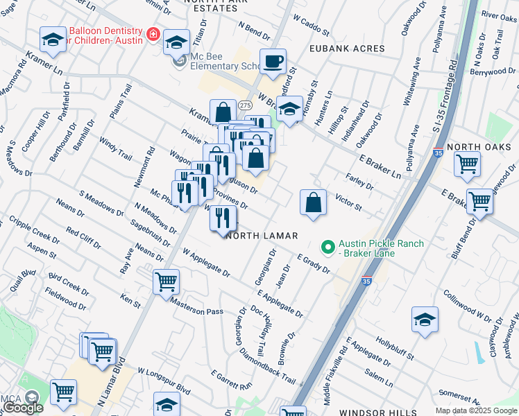 map of restaurants, bars, coffee shops, grocery stores, and more near 205 Provines Drive in Austin