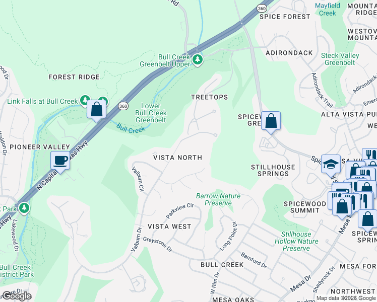 map of restaurants, bars, coffee shops, grocery stores, and more near 7901 Valburn Drive in Austin