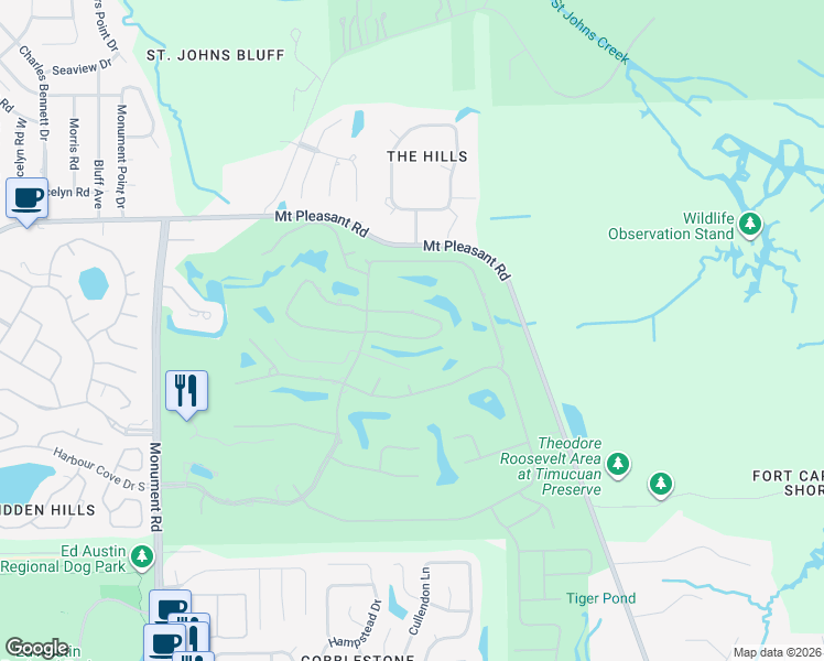 map of restaurants, bars, coffee shops, grocery stores, and more near 12634 Mission Hills Circle South in Jacksonville