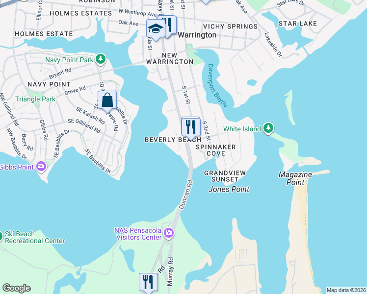 map of restaurants, bars, coffee shops, grocery stores, and more near 613 South Navy Boulevard in Pensacola