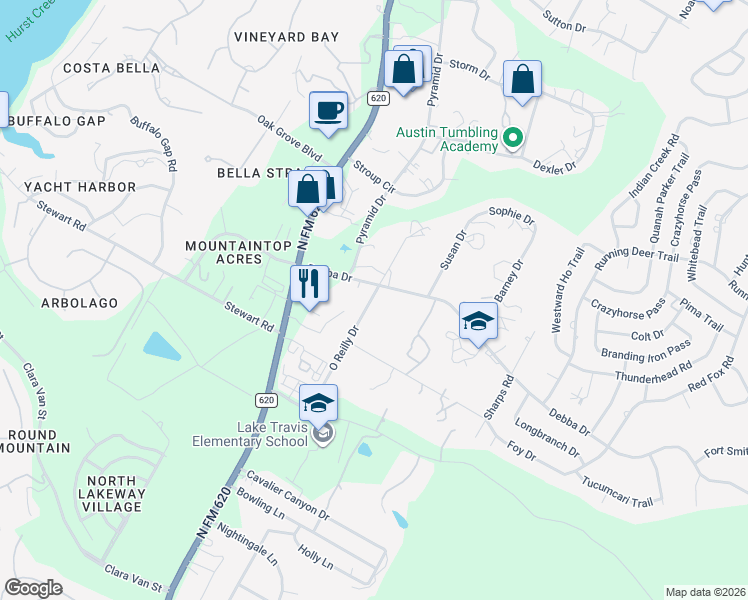 map of restaurants, bars, coffee shops, grocery stores, and more near 15301 Debba Drive in Austin