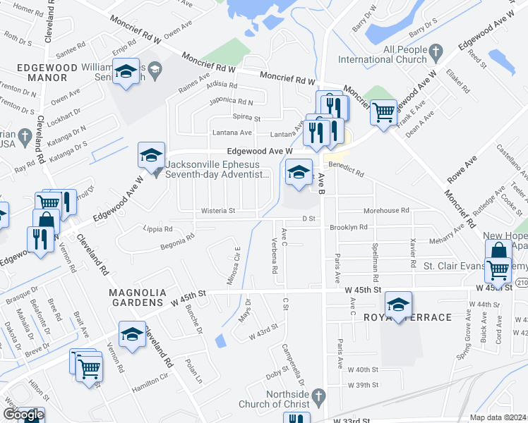 map of restaurants, bars, coffee shops, grocery stores, and more near 5671 Verbena Road in Jacksonville
