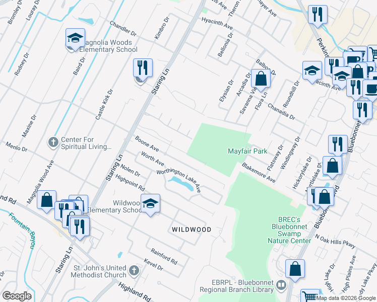 map of restaurants, bars, coffee shops, grocery stores, and more near 9227 Boone Avenue in Baton Rouge