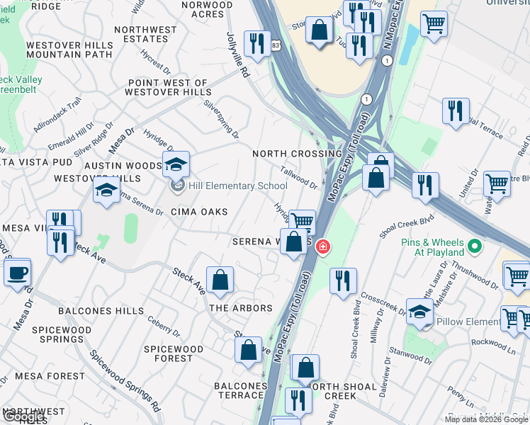 map of restaurants, bars, coffee shops, grocery stores, and more near 8613 Willowick Drive in Austin