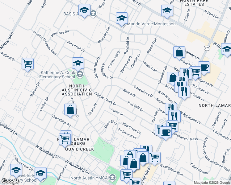 map of restaurants, bars, coffee shops, grocery stores, and more near 1113 Red Cliff Drive in Austin