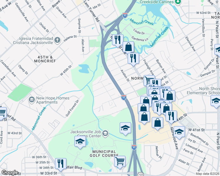 map of restaurants, bars, coffee shops, grocery stores, and more near 1142 Ardoon Street in Jacksonville