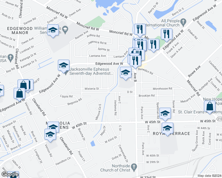 map of restaurants, bars, coffee shops, grocery stores, and more near 5671 Verbena Road in Jacksonville