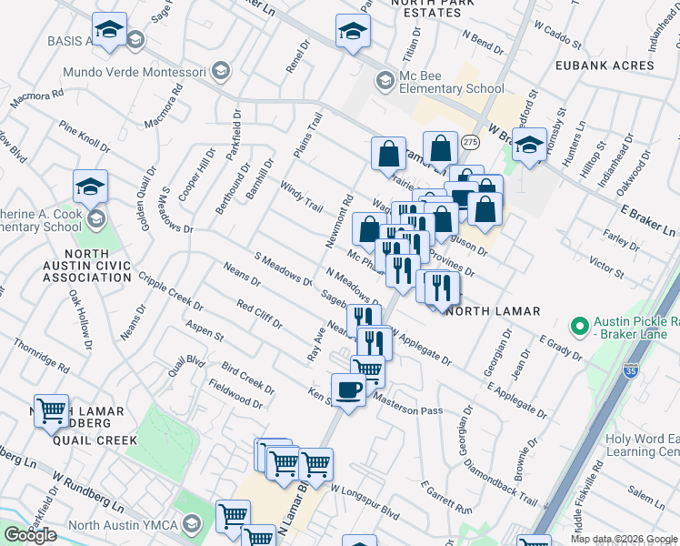 map of restaurants, bars, coffee shops, grocery stores, and more near 906 Sagebrush Drive in Austin
