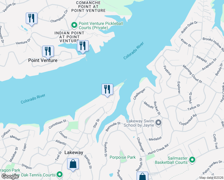 map of restaurants, bars, coffee shops, grocery stores, and more near 521 Marina Village Cove in Lakeway