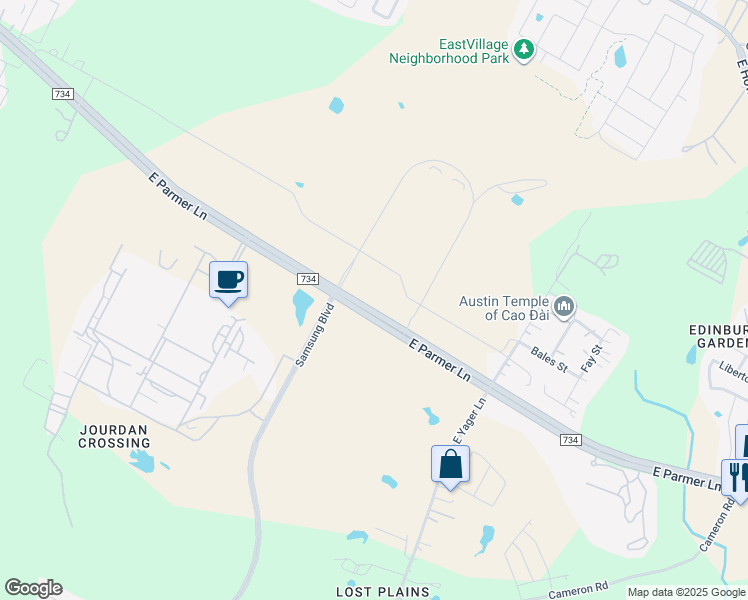 map of restaurants, bars, coffee shops, grocery stores, and more near 3500 East Parmer Lane in Austin