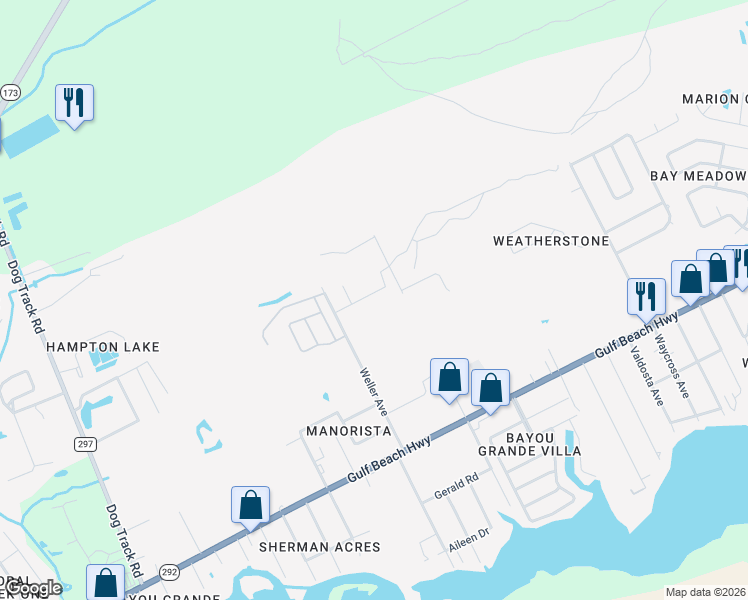map of restaurants, bars, coffee shops, grocery stores, and more near 8737 Bradfield Drive in Pensacola