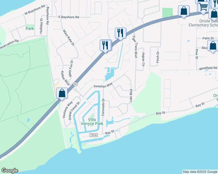 map of restaurants, bars, coffee shops, grocery stores, and more near 2775 Venetian Way in Gulf Breeze
