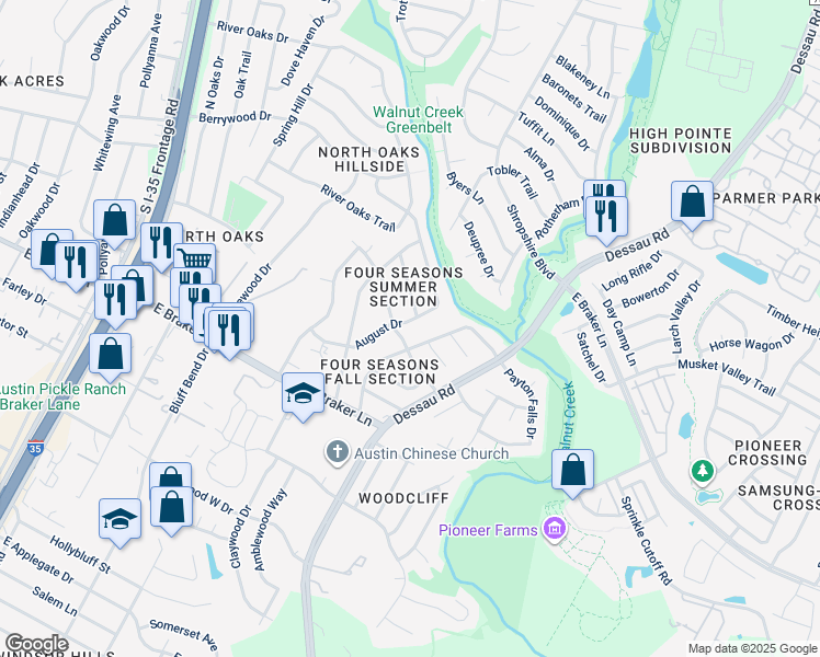 map of restaurants, bars, coffee shops, grocery stores, and more near 11404 March Drive in Austin
