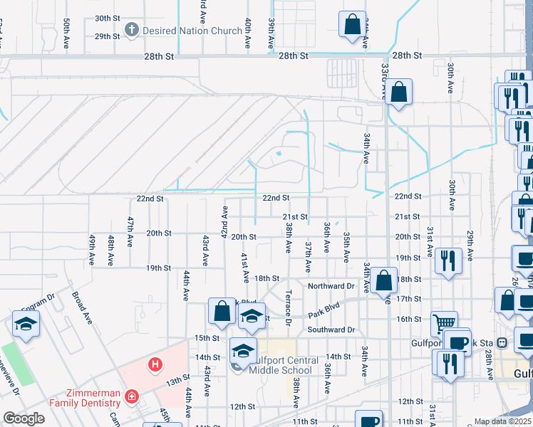 map of restaurants, bars, coffee shops, grocery stores, and more near 2121 39th Avenue in Gulfport