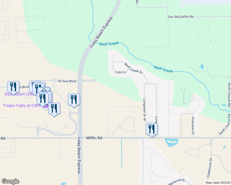 map of restaurants, bars, coffee shops, grocery stores, and more near 10390 Frank Cole Lane in Foley