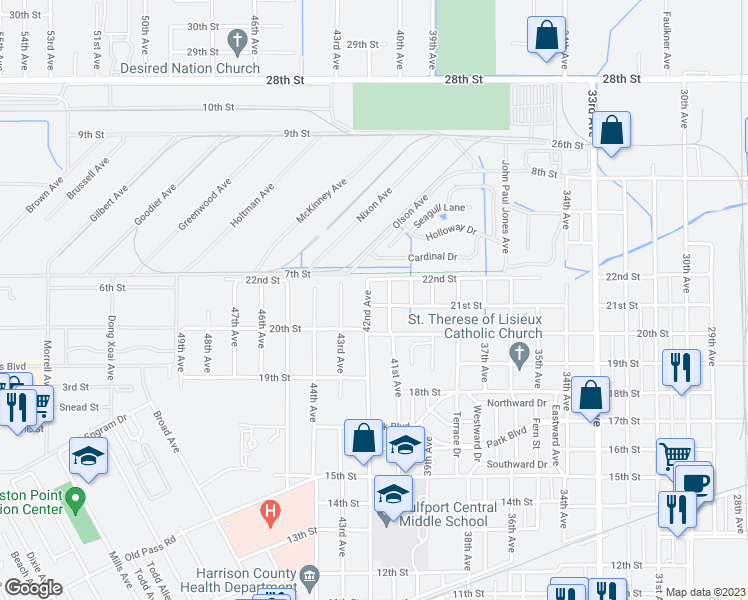 map of restaurants, bars, coffee shops, grocery stores, and more near 2100 42nd Avenue in Gulfport