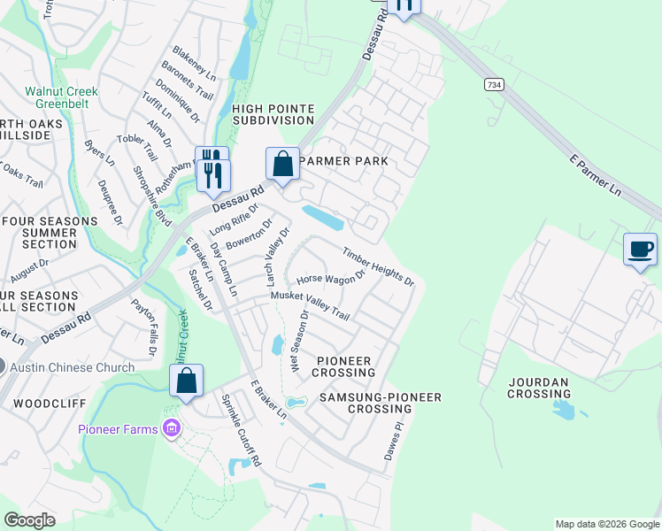 map of restaurants, bars, coffee shops, grocery stores, and more near 11629 Timber Heights Drive in Austin
