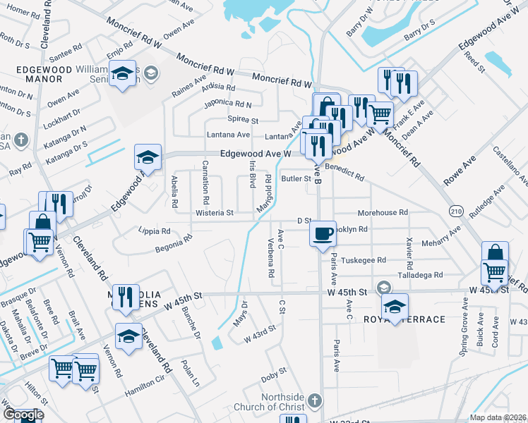 map of restaurants, bars, coffee shops, grocery stores, and more near 5811 Marigold Road in Jacksonville
