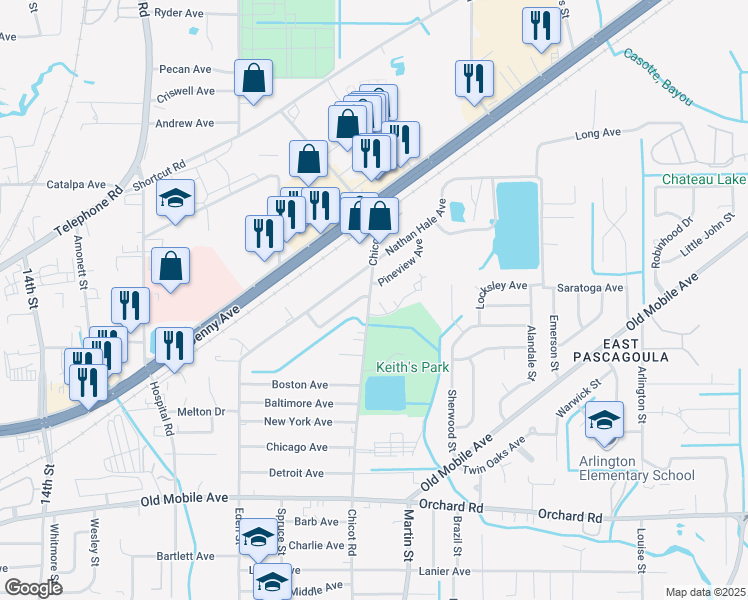 map of restaurants, bars, coffee shops, grocery stores, and more near 3510 Nathan Hale Ave in Pascagoula