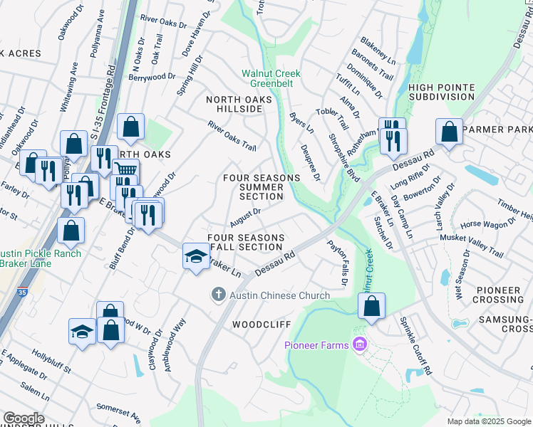 map of restaurants, bars, coffee shops, grocery stores, and more near 11404 March Drive in Austin