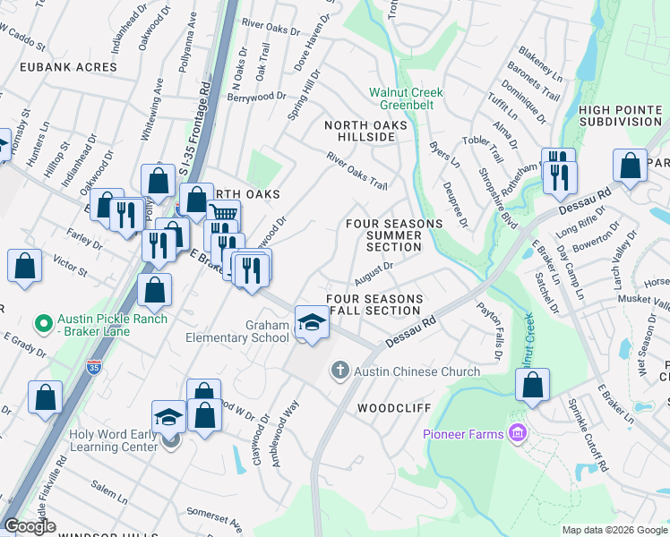 map of restaurants, bars, coffee shops, grocery stores, and more near 11404 Walnut Ridge Drive in Austin
