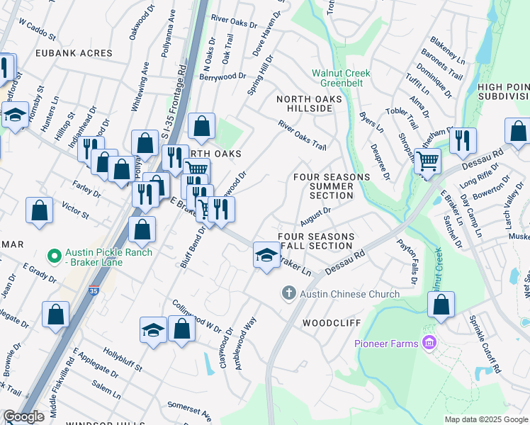 map of restaurants, bars, coffee shops, grocery stores, and more near 11320 Walnut Ridge Drive in Austin