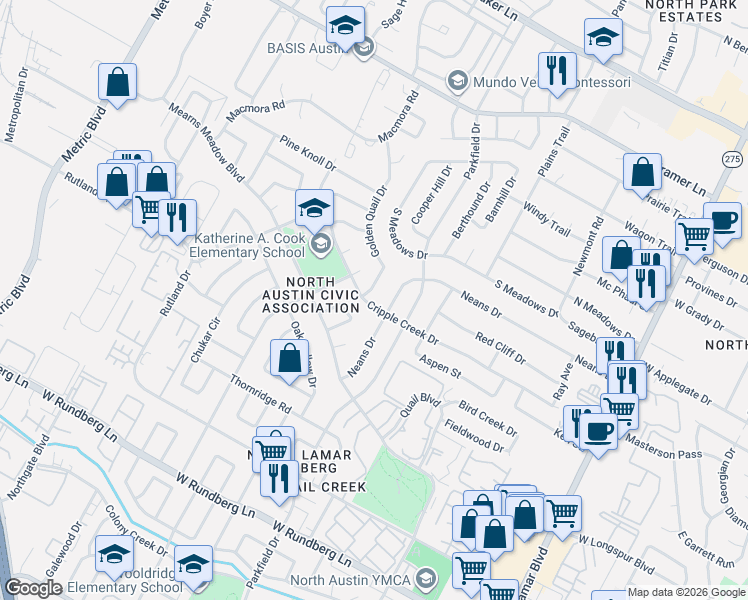 map of restaurants, bars, coffee shops, grocery stores, and more near 10204 Golden Quail Drive in Austin