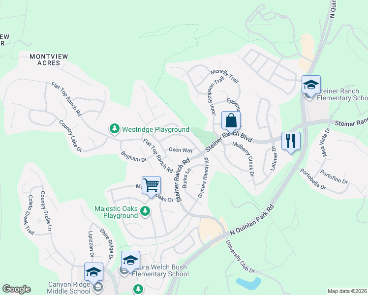 map of restaurants, bars, coffee shops, grocery stores, and more near 3500 Grimes Ranch Road in Austin