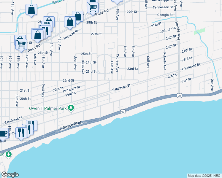 map of restaurants, bars, coffee shops, grocery stores, and more near 1702 Jones Avenue in Gulfport