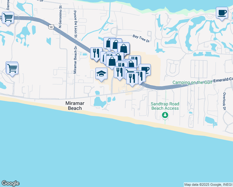 map of restaurants, bars, coffee shops, grocery stores, and more near 221 Scenic Highway 98 in Miramar Beach
