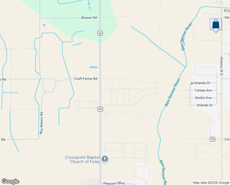 map of restaurants, bars, coffee shops, grocery stores, and more near 9636-10498 County Road 65 in Foley