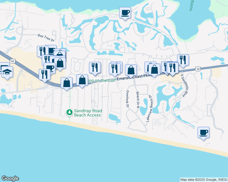map of restaurants, bars, coffee shops, grocery stores, and more near 9815 U.S. 98 in Miramar Beach