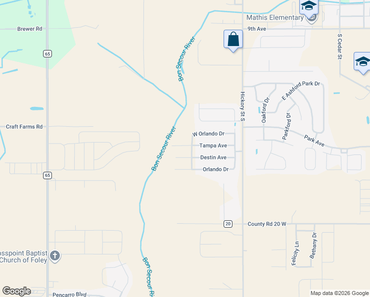 map of restaurants, bars, coffee shops, grocery stores, and more near 1071 Tampa Avenue in Foley