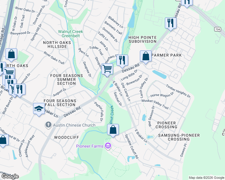map of restaurants, bars, coffee shops, grocery stores, and more near 1431 Biscuit Drive in Austin