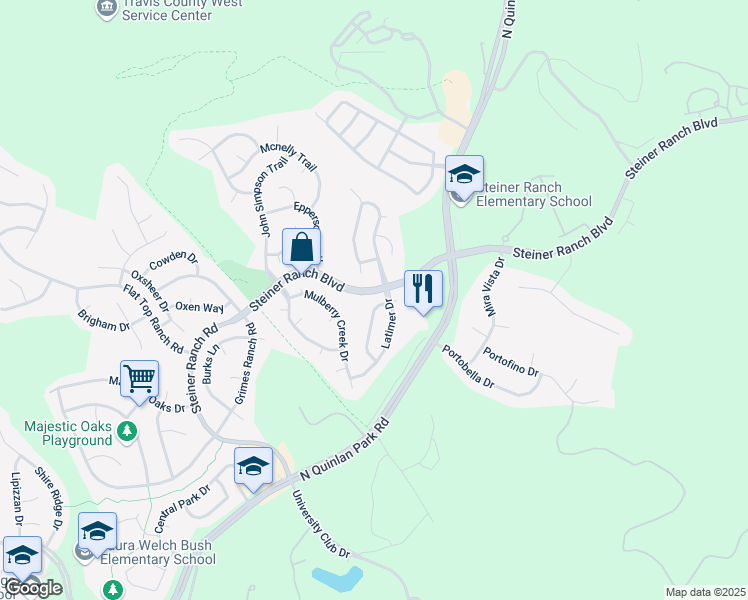 map of restaurants, bars, coffee shops, grocery stores, and more near 3700 Caney Creek Road in Austin
