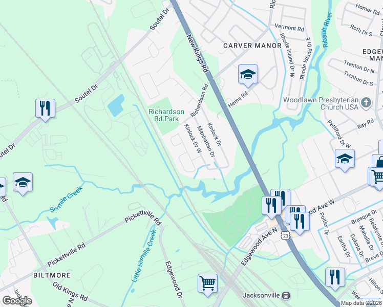 map of restaurants, bars, coffee shops, grocery stores, and more near 6547 Thurgood Circle East in Jacksonville