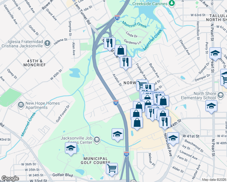 map of restaurants, bars, coffee shops, grocery stores, and more near 1021 Maynard Street in Jacksonville
