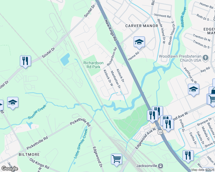 map of restaurants, bars, coffee shops, grocery stores, and more near 6547 Thurgood Circle East in Jacksonville
